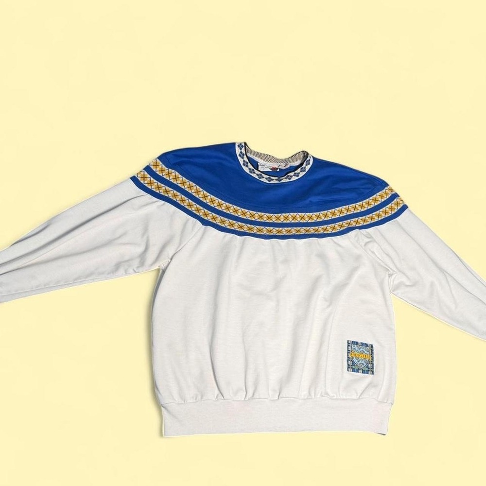 Hang Ten Vintage Sweatshirt Women Size L White Blue Colorblock Crest Made in USA